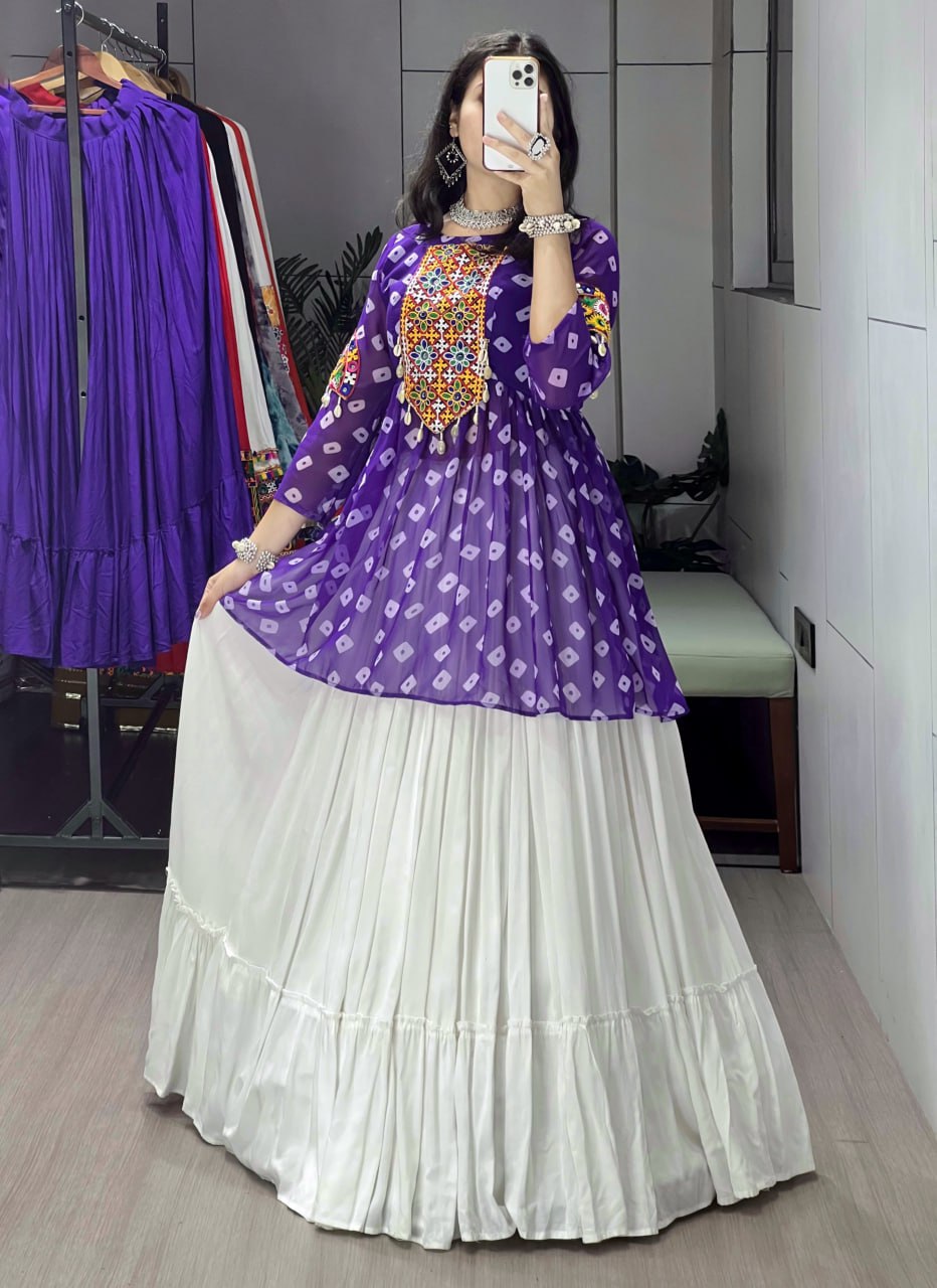 Women's Purple Kediya Style Lehenga Set with Kutchi Mirror Work | Faux Georgette Navratri Garba Dress