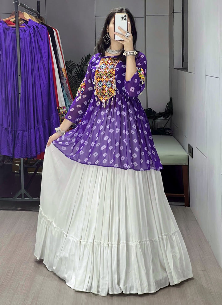 Women's Purple Kediya Style Lehenga Set with Kutchi Mirror Work | Faux Georgette Navratri Garba Dress