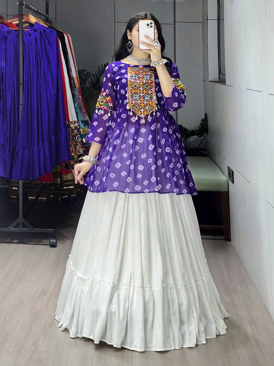 Women's Purple Kediya Style Lehenga Set with Kutchi Mirror Work | Faux Georgette Navratri Garba Dress