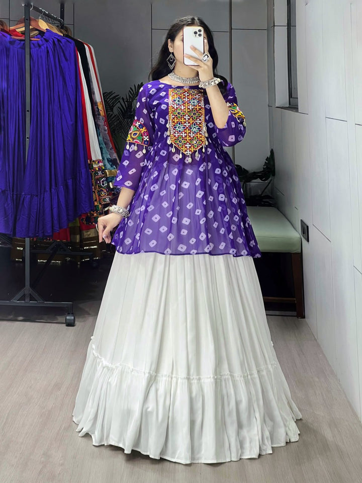 Women's Purple Kediya Style Lehenga Set with Kutchi Mirror Work | Faux Georgette Navratri Garba Dress