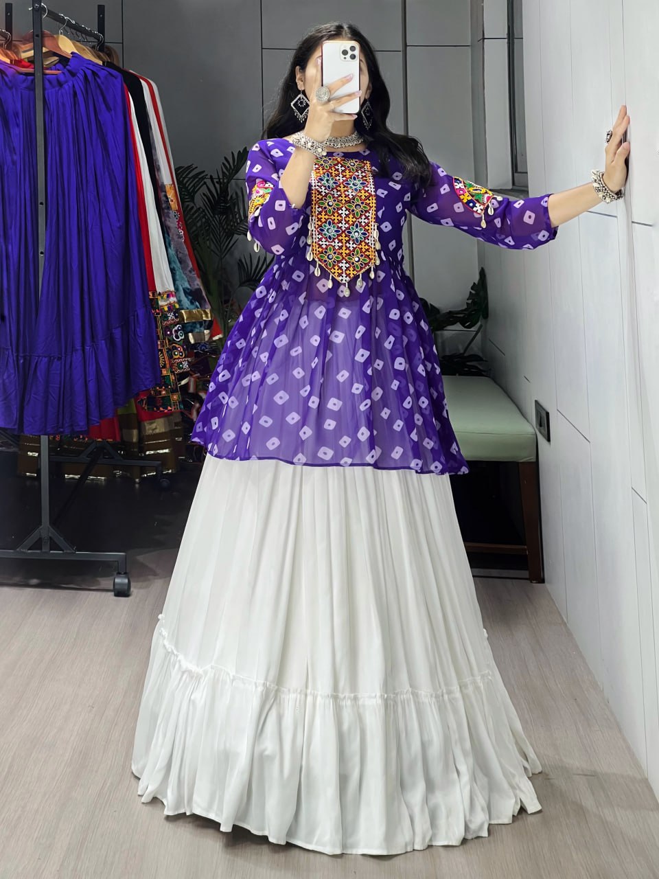 Women's Purple Kediya Style Lehenga Set with Kutchi Mirror Work | Faux Georgette Navratri Garba Dress