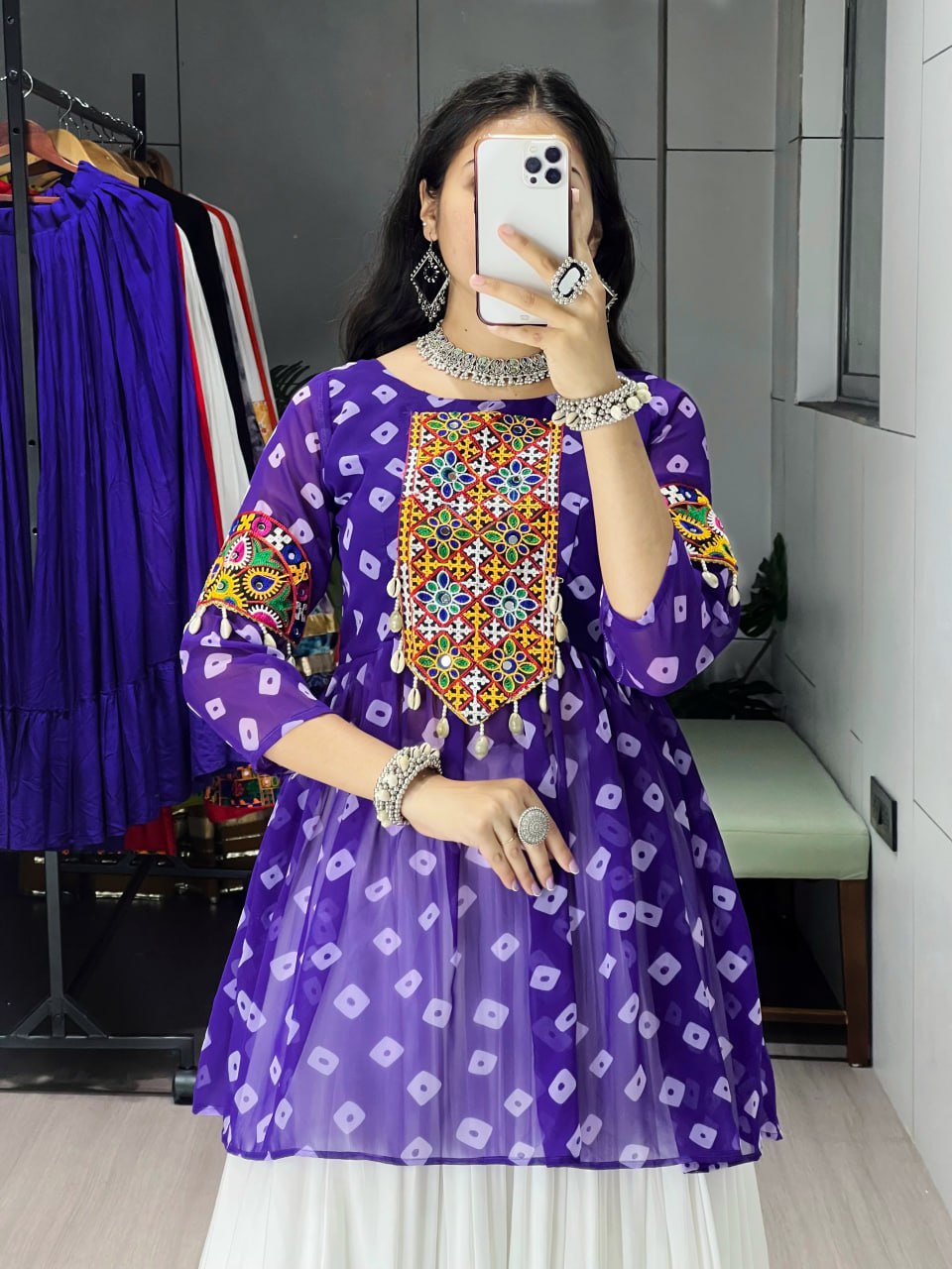 Women's Purple Kediya Style Lehenga Set with Kutchi Mirror Work | Faux Georgette Navratri Garba Dress