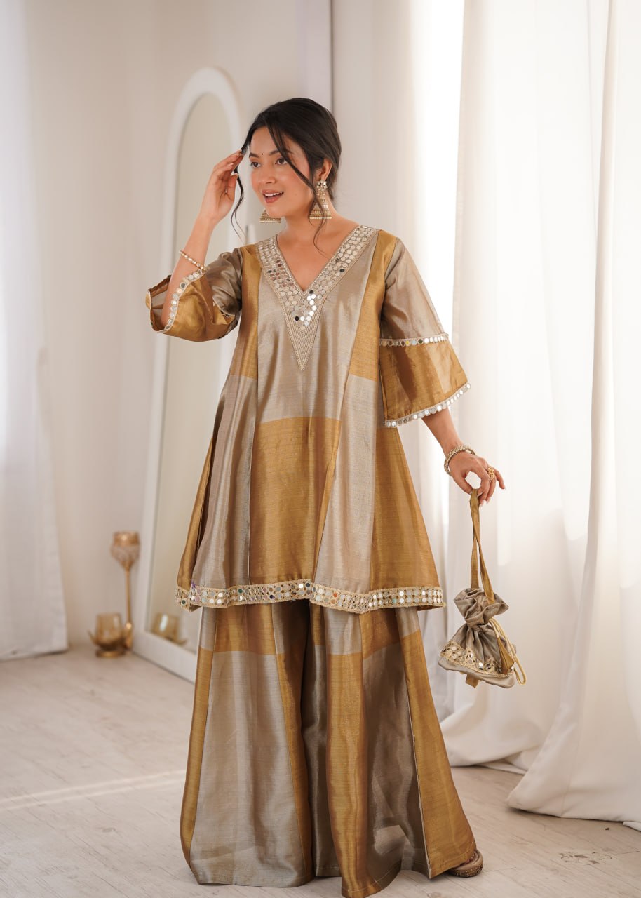 Gold Two-Tone Tissue Kurta Palazzo Set with Batwa | Festive Wear for Women