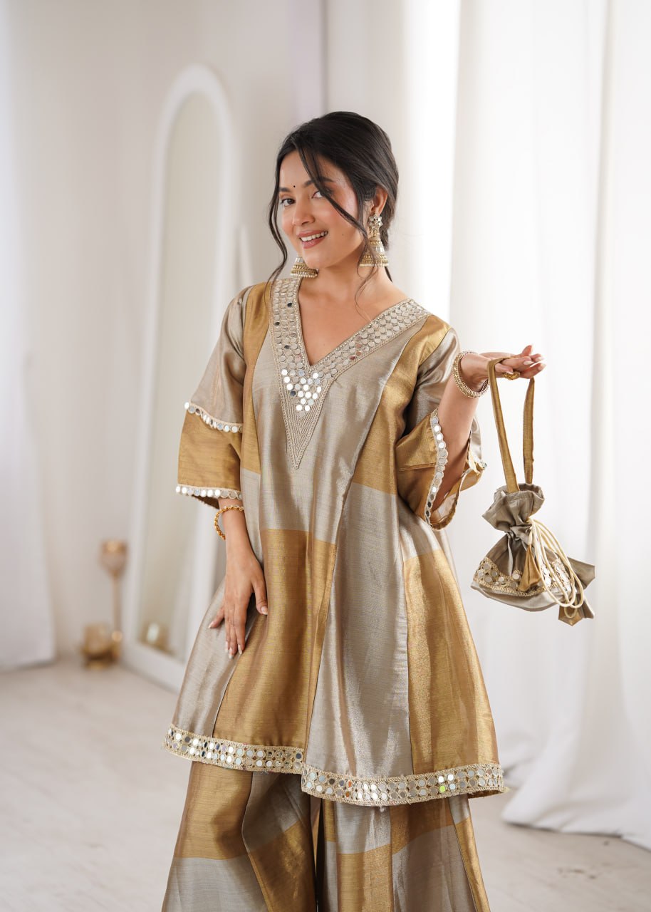 Gold Two-Tone Tissue Kurta Palazzo Set with Batwa | Festive Wear for Women