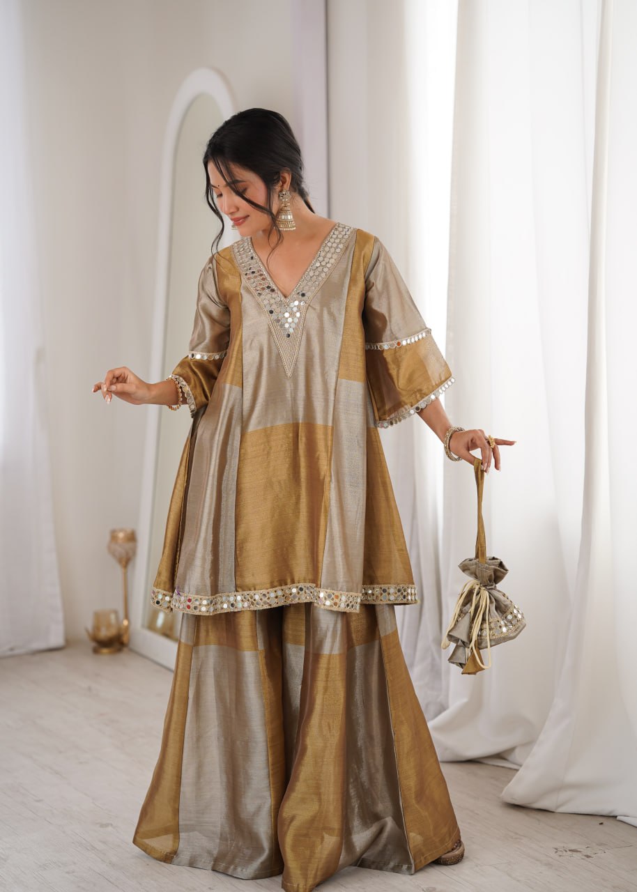 Gold Two-Tone Tissue Kurta Palazzo Set with Batwa | Festive Wear for Women