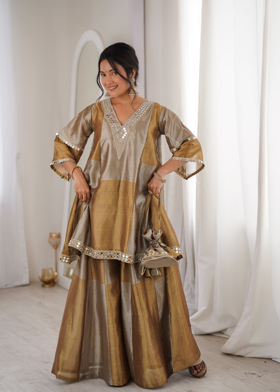 Gold Two-Tone Tissue Kurta Palazzo Set with Batwa | Festive Wear for Women