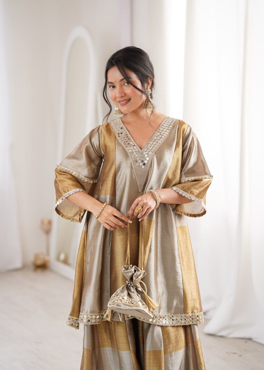 Gold Two-Tone Tissue Kurta Palazzo Set with Batwa | Festive Wear for Women