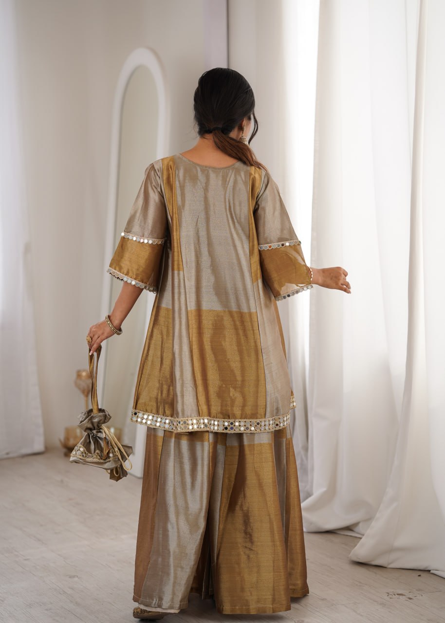 Gold Two-Tone Tissue Kurta Palazzo Set with Batwa | Festive Wear for Women