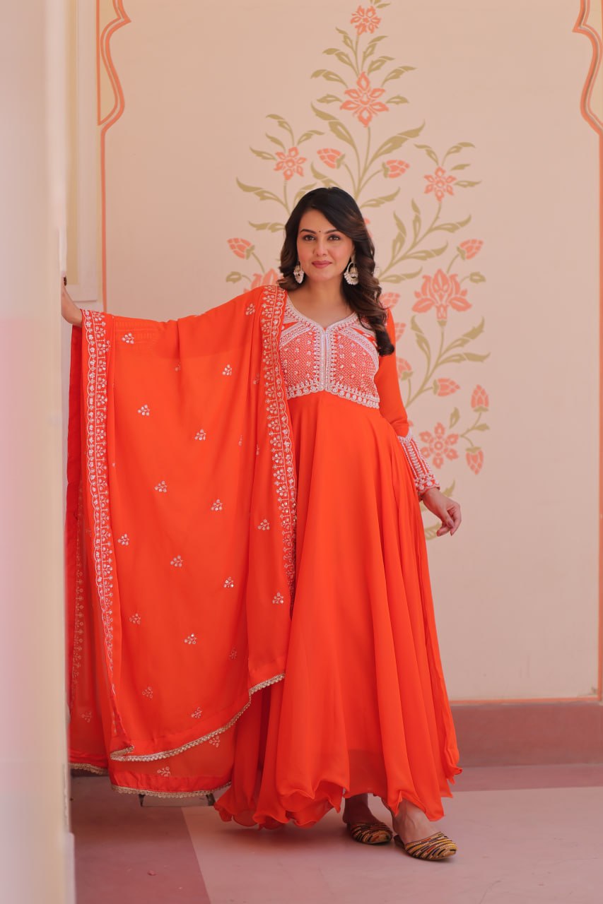 Fanta Orange Embroidered Georgette Gown with Dupatta | Party & Festive Wear
