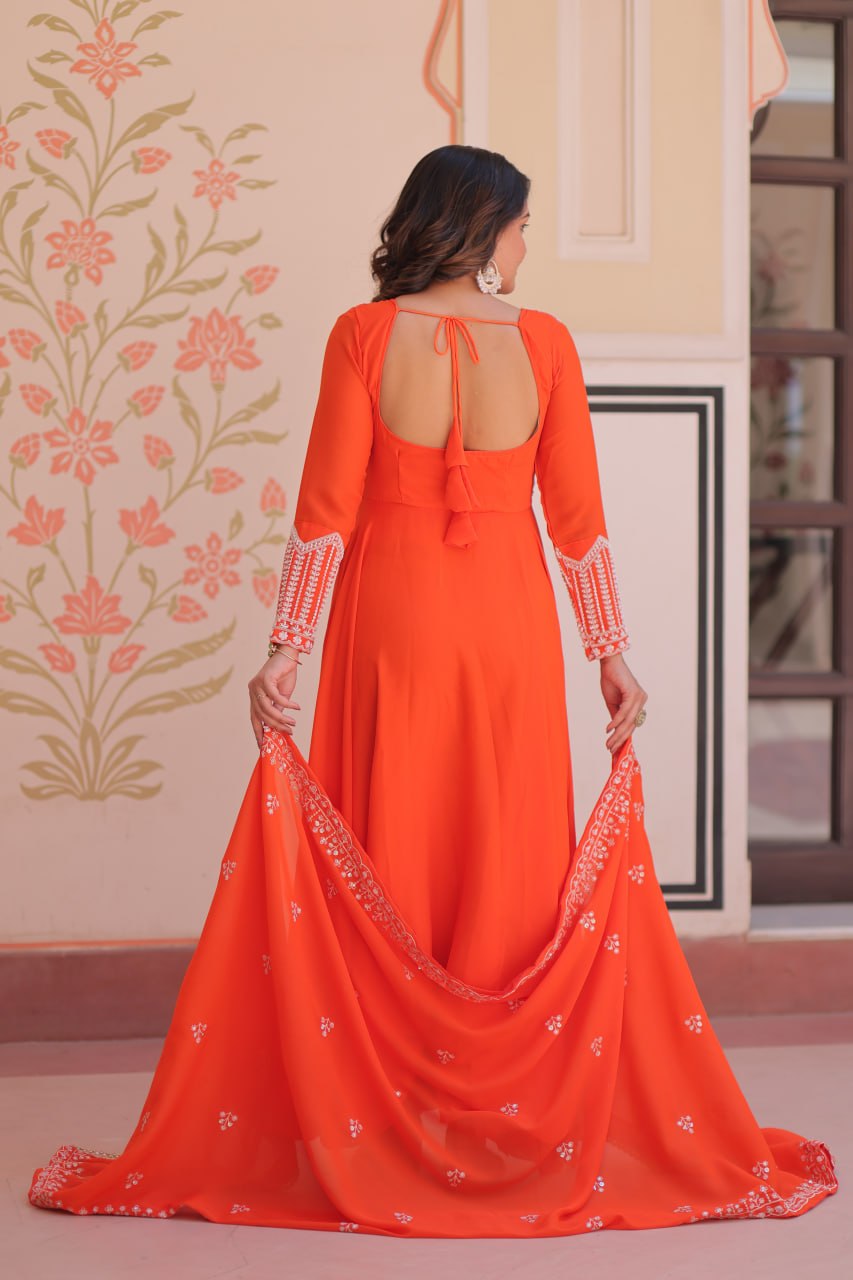 Fanta Orange Embroidered Georgette Gown with Dupatta | Party & Festive Wear