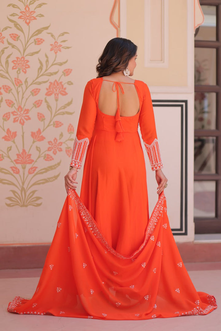 Fanta Orange Embroidered Georgette Gown with Dupatta | Party & Festive Wear