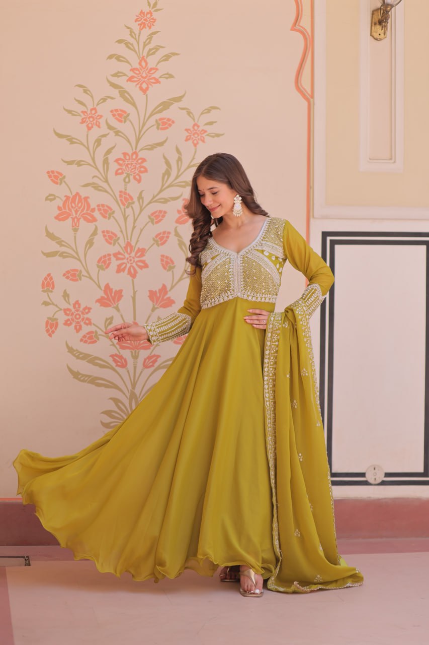 Mehndi Green Embroidered Georgette Gown with Dupatta | Festive & Party Wear