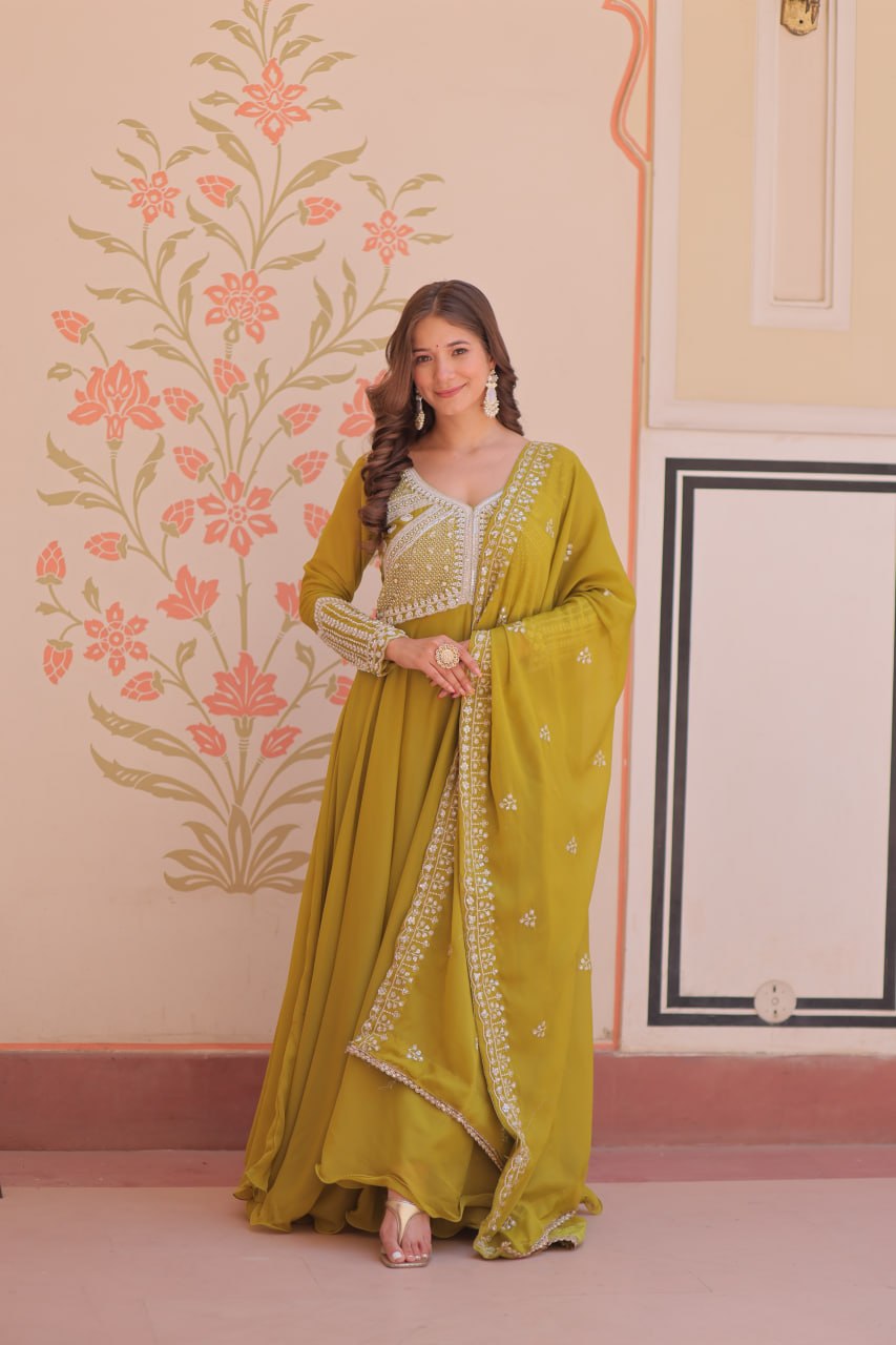 Mehndi Green Embroidered Georgette Gown with Dupatta | Festive & Party Wear