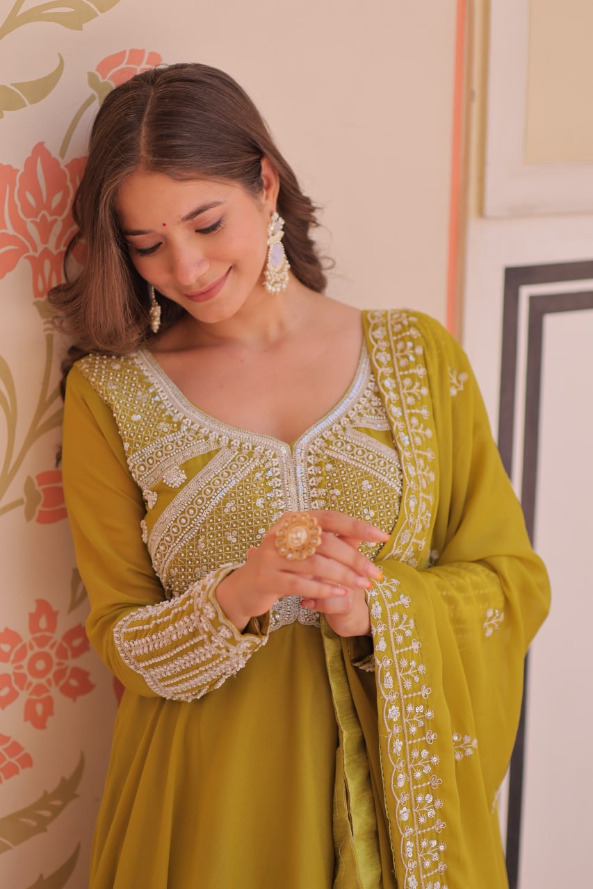 Mehndi Green Embroidered Georgette Gown with Dupatta | Festive & Party Wear
