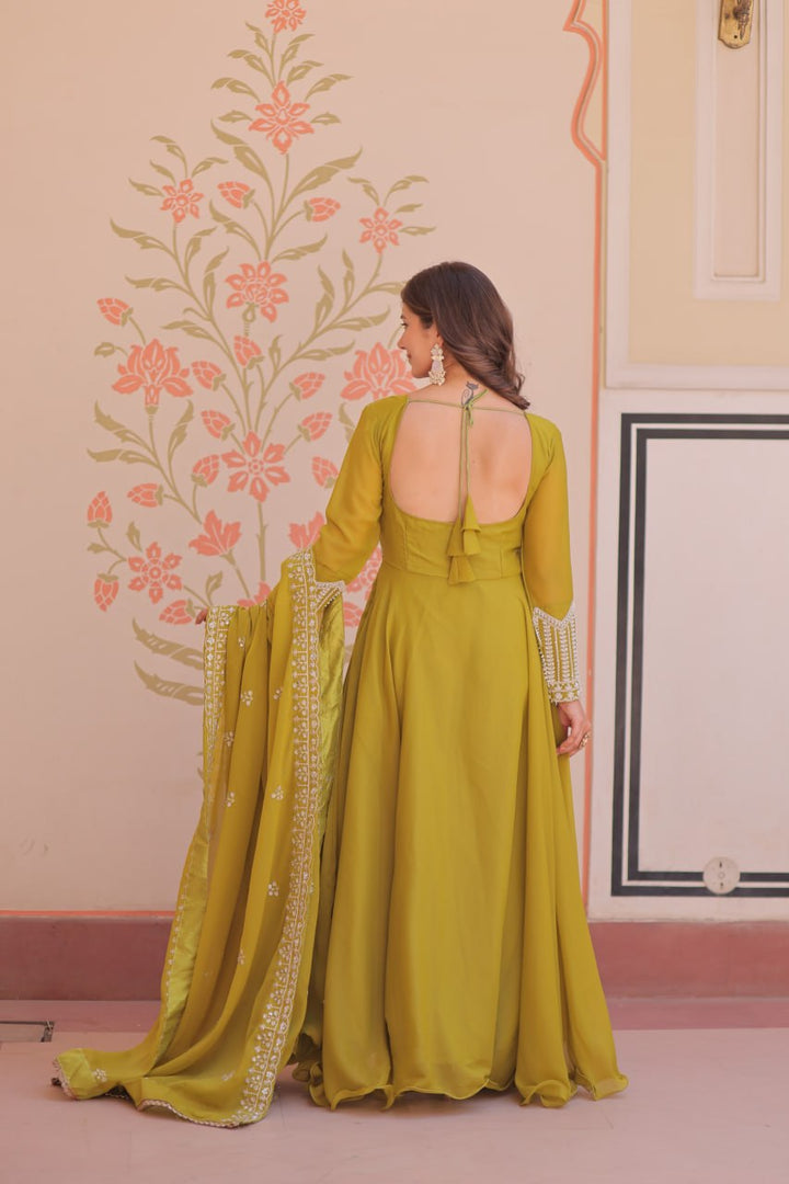 Mehndi Green Embroidered Georgette Gown with Dupatta | Festive & Party Wear