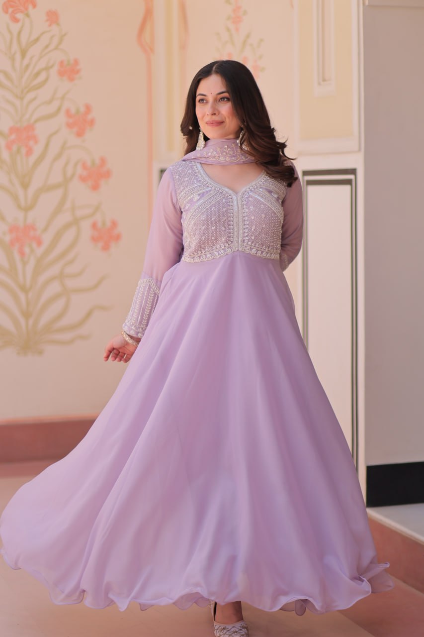 Lavender Embroidered Georgette Gown with Dupatta | Party & Festive Wear
