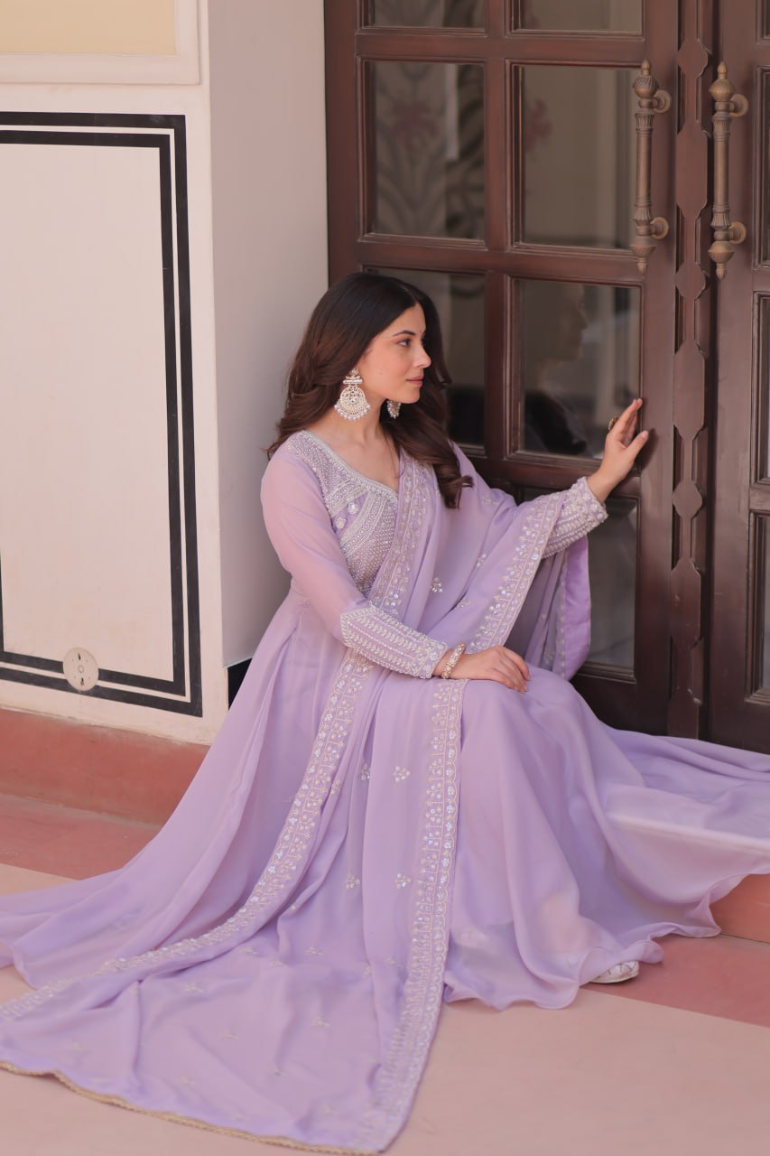 Lavender Embroidered Georgette Gown with Dupatta | Party & Festive Wear