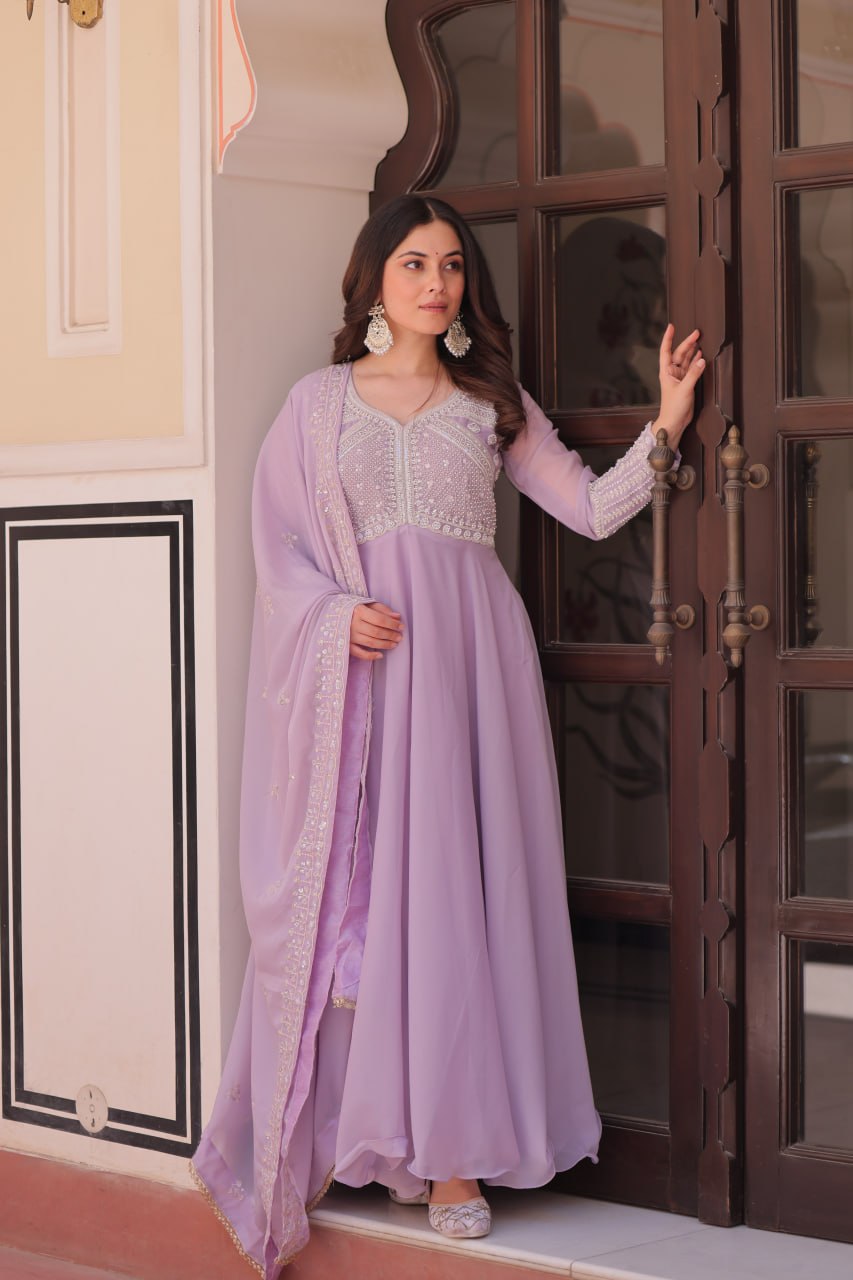 Lavender Embroidered Georgette Gown with Dupatta | Party & Festive Wear