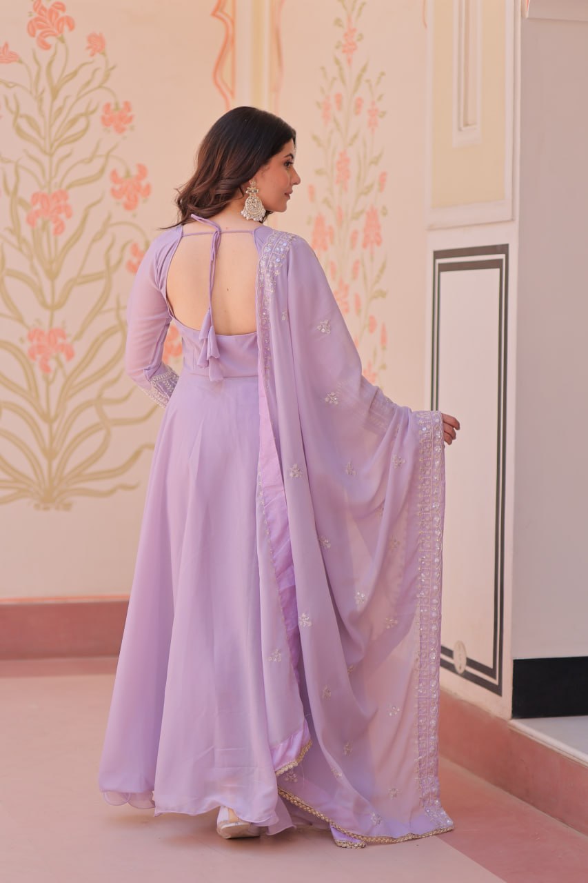 Lavender Embroidered Georgette Gown with Dupatta | Party & Festive Wear
