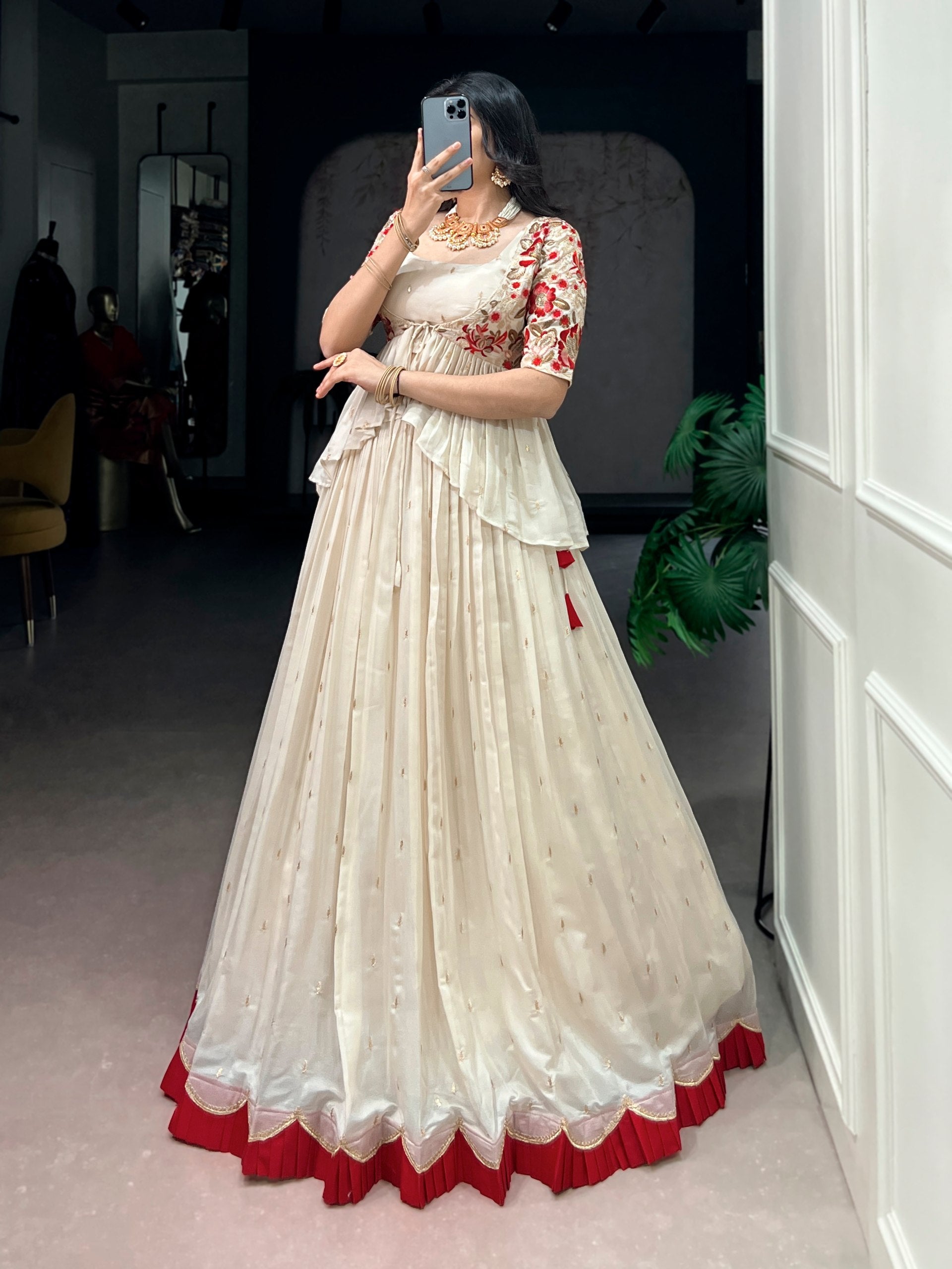 Ivory White Embroidered Lehenga Co-Ord Set with Peplum Koti for Women