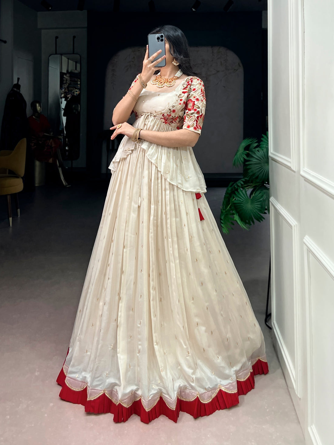 Ivory White Embroidered Lehenga Co-Ord Set with Peplum Koti for Women