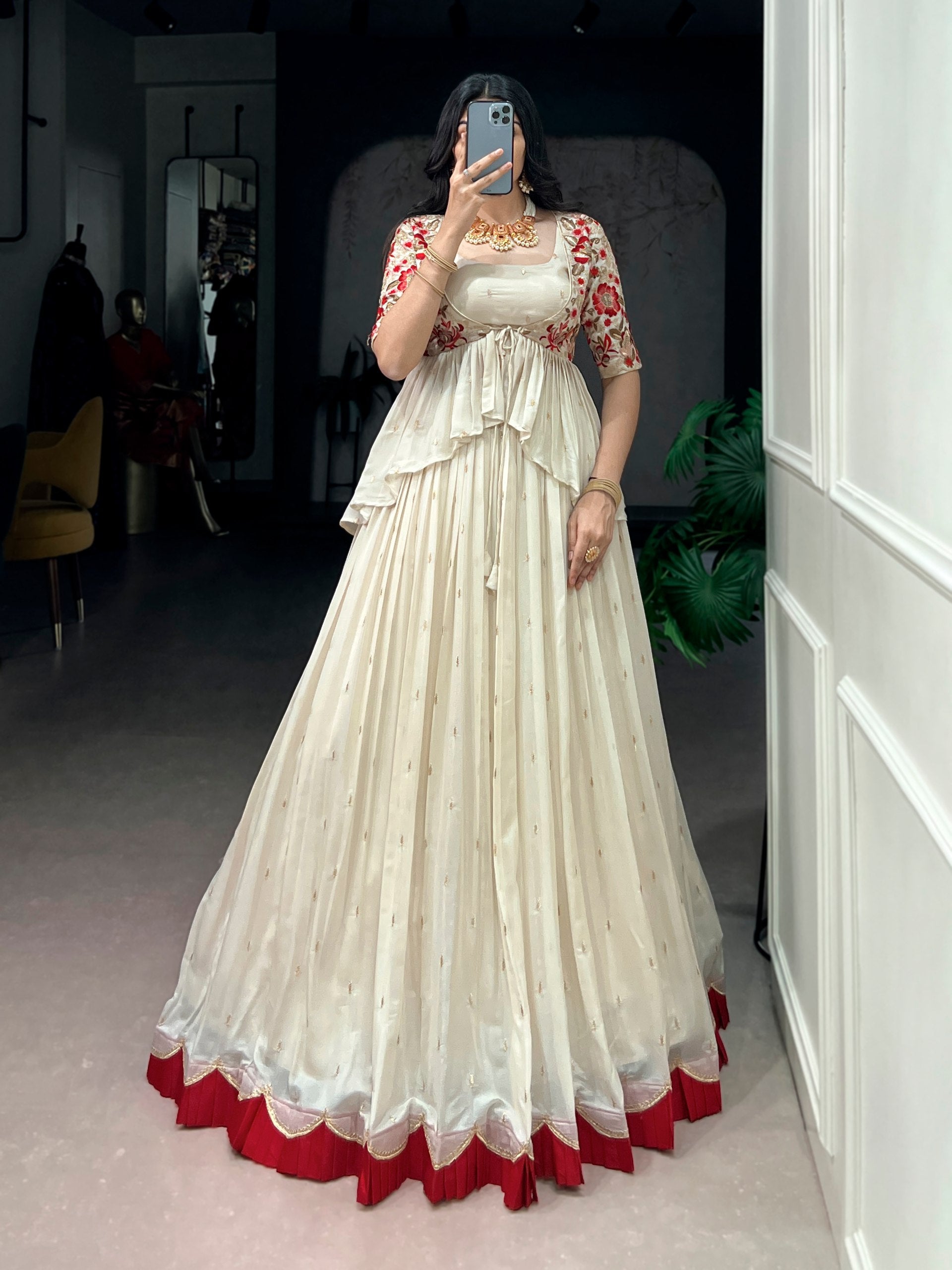 Ivory White Embroidered Lehenga Co-Ord Set with Peplum Koti for Women