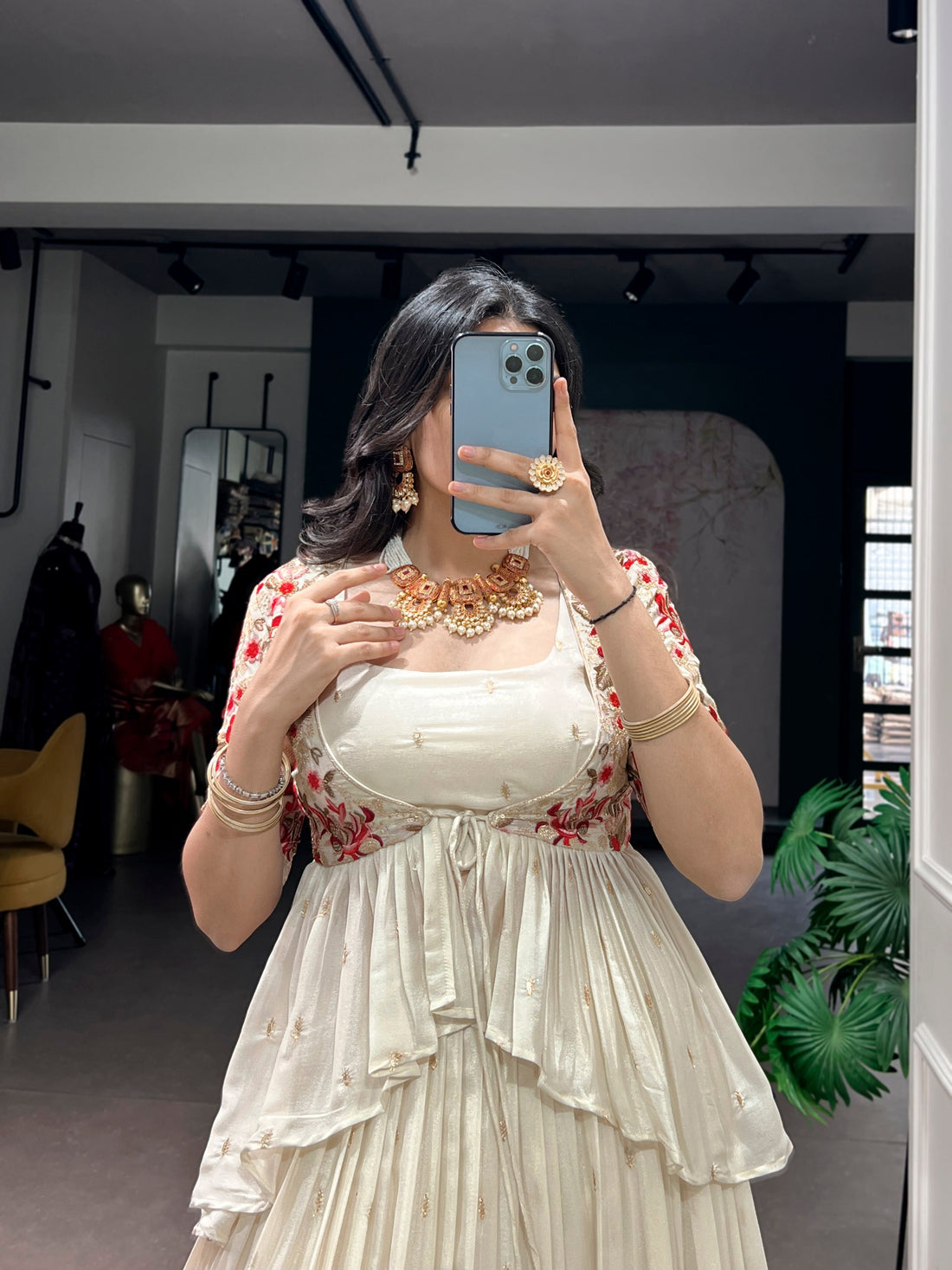 Ivory White Embroidered Lehenga Co-Ord Set with Peplum Koti for Women