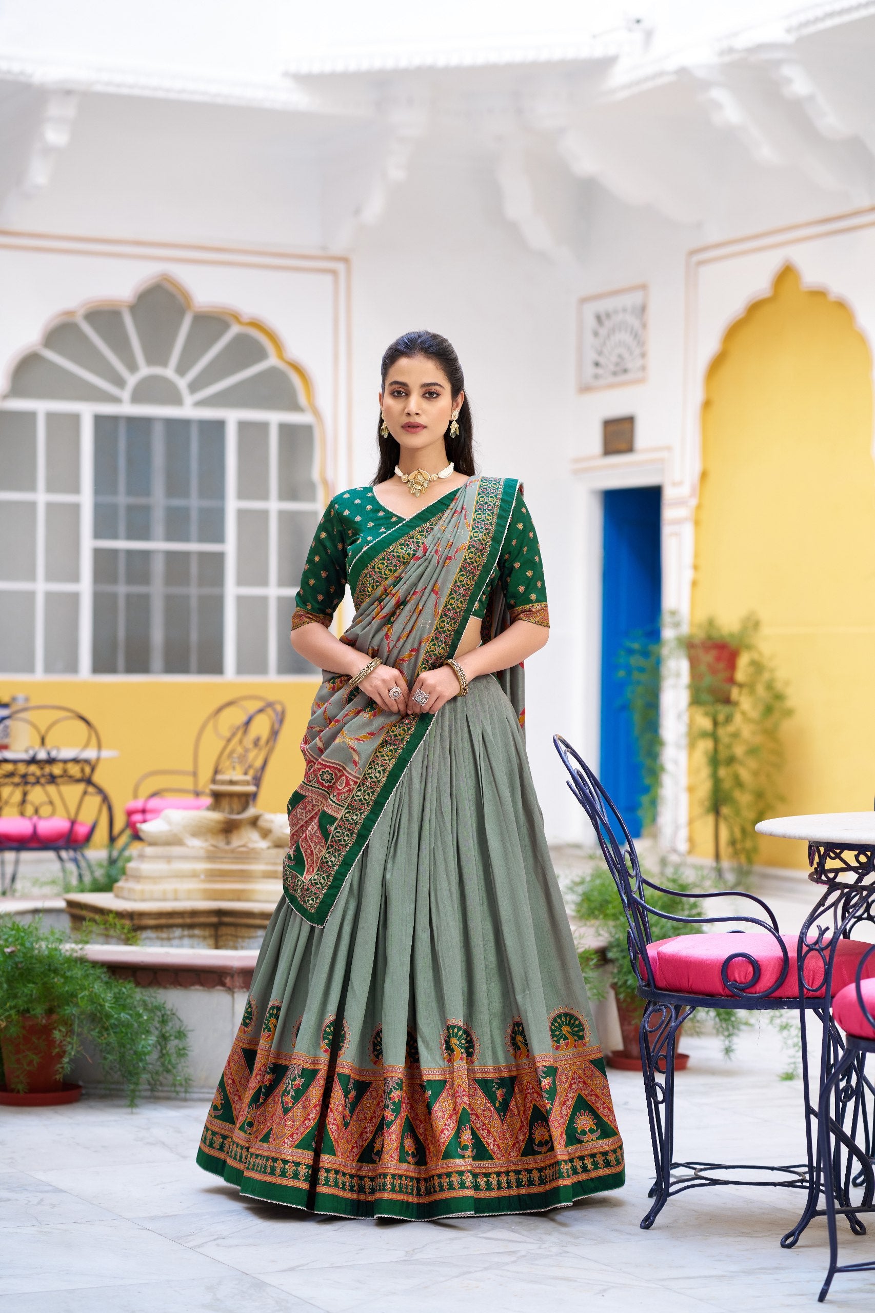 Green Tasar Silk Lehenga Choli with Printed Dupatta | Wedding & Festive Wear