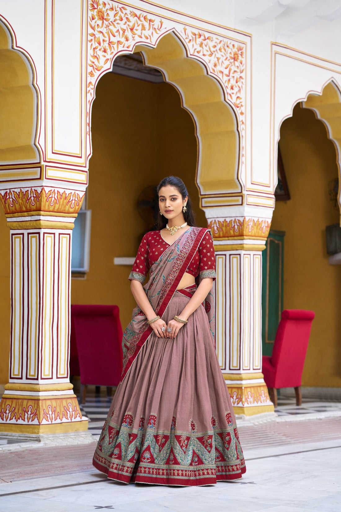 Clothendy Regal Maroon & Mauve Tasar Silk Lehenga Choli Set