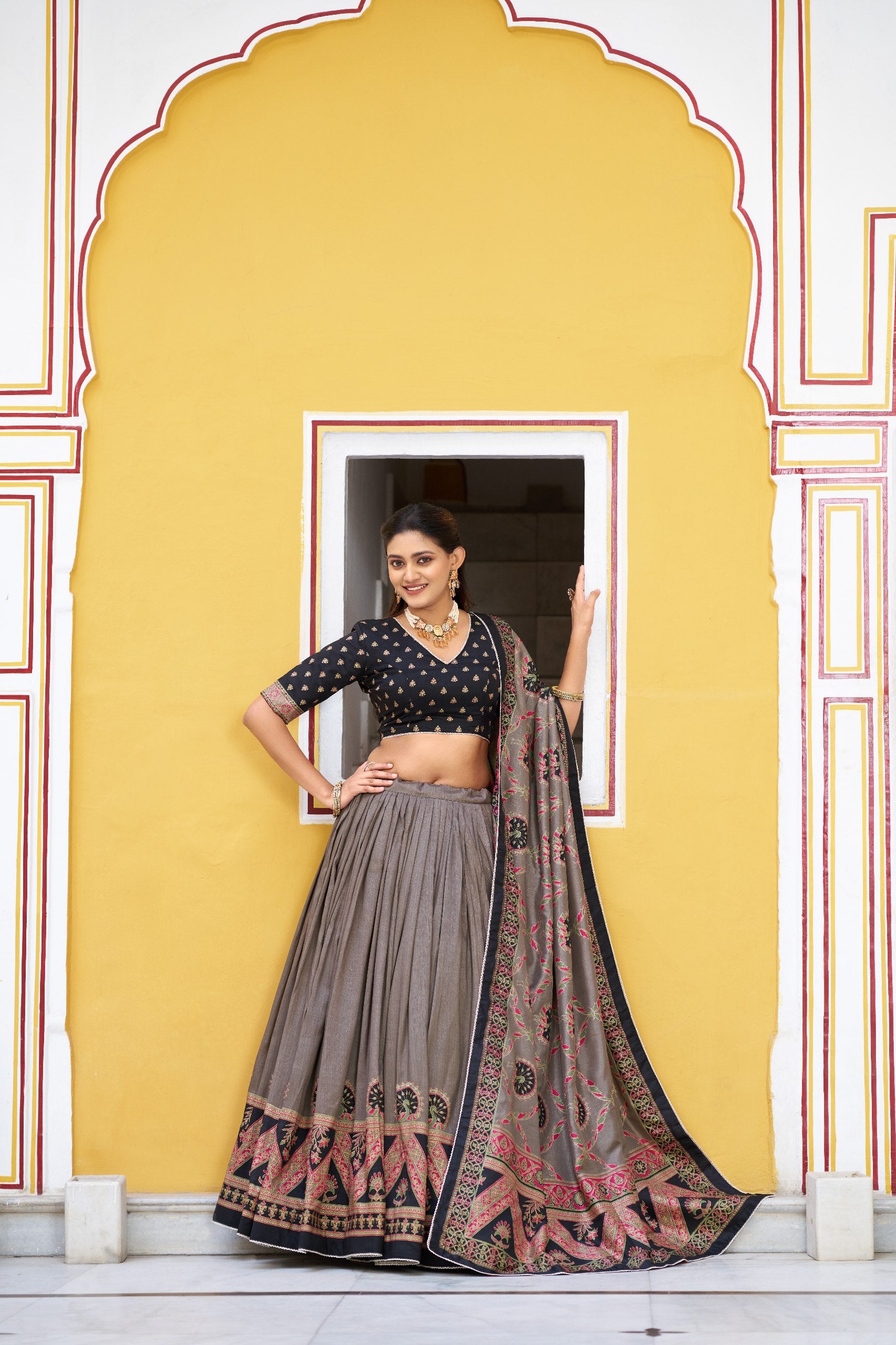 Clothendy Midnight Black & Taupe Tasar Silk Lehenga Choli Set with Designer Dupatta