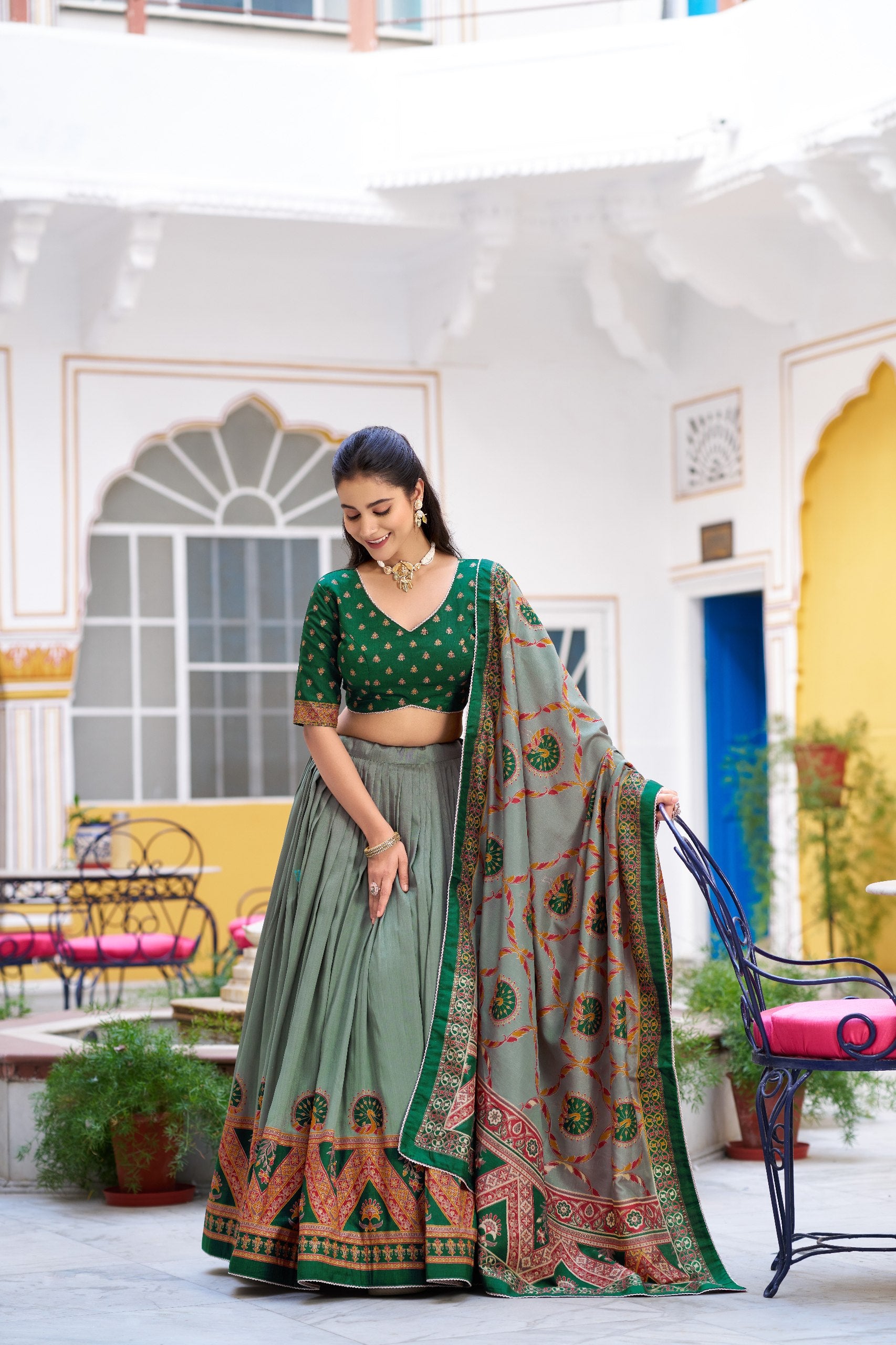 Green Tasar Silk Lehenga Choli with Printed Dupatta | Wedding & Festive Wear