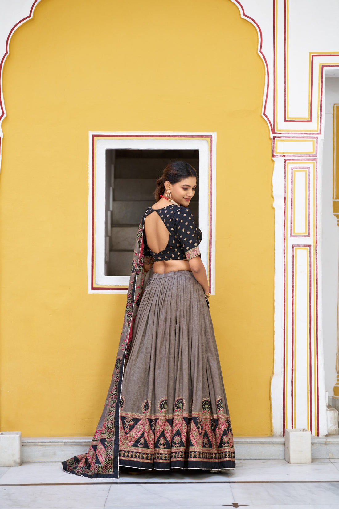 Clothendy Midnight Black & Taupe Tasar Silk Lehenga Choli Set with Designer Dupatta