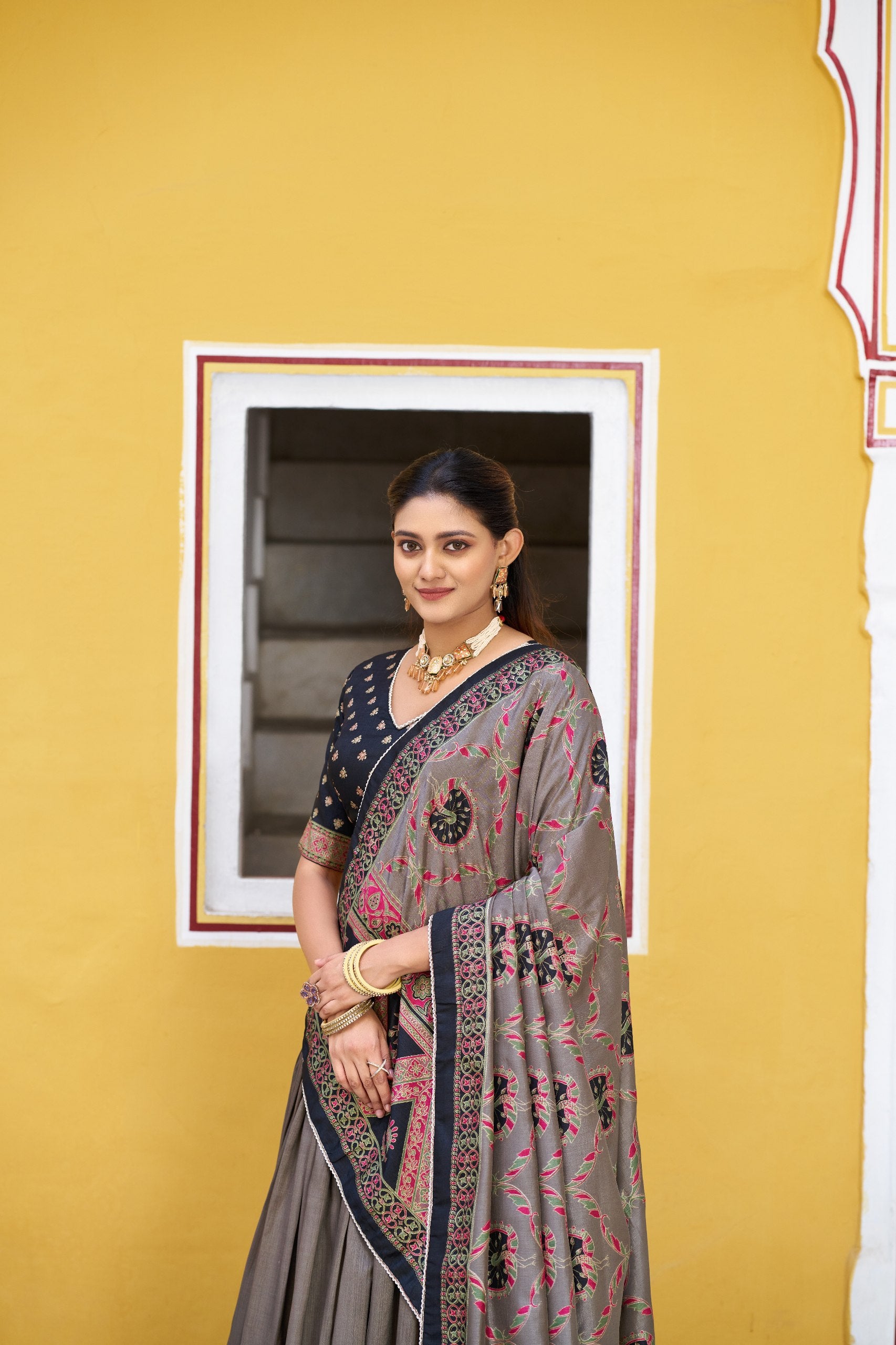 Clothendy Midnight Black & Taupe Tasar Silk Lehenga Choli Set with Designer Dupatta