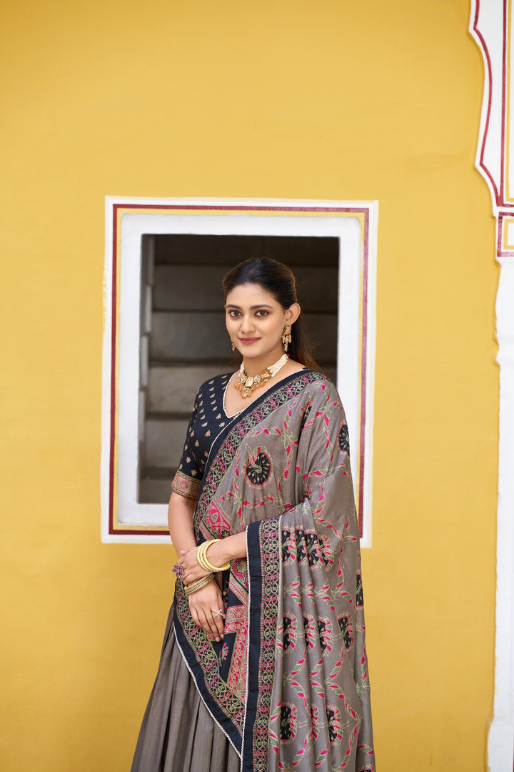 Clothendy Midnight Black & Taupe Tasar Silk Lehenga Choli Set with Designer Dupatta