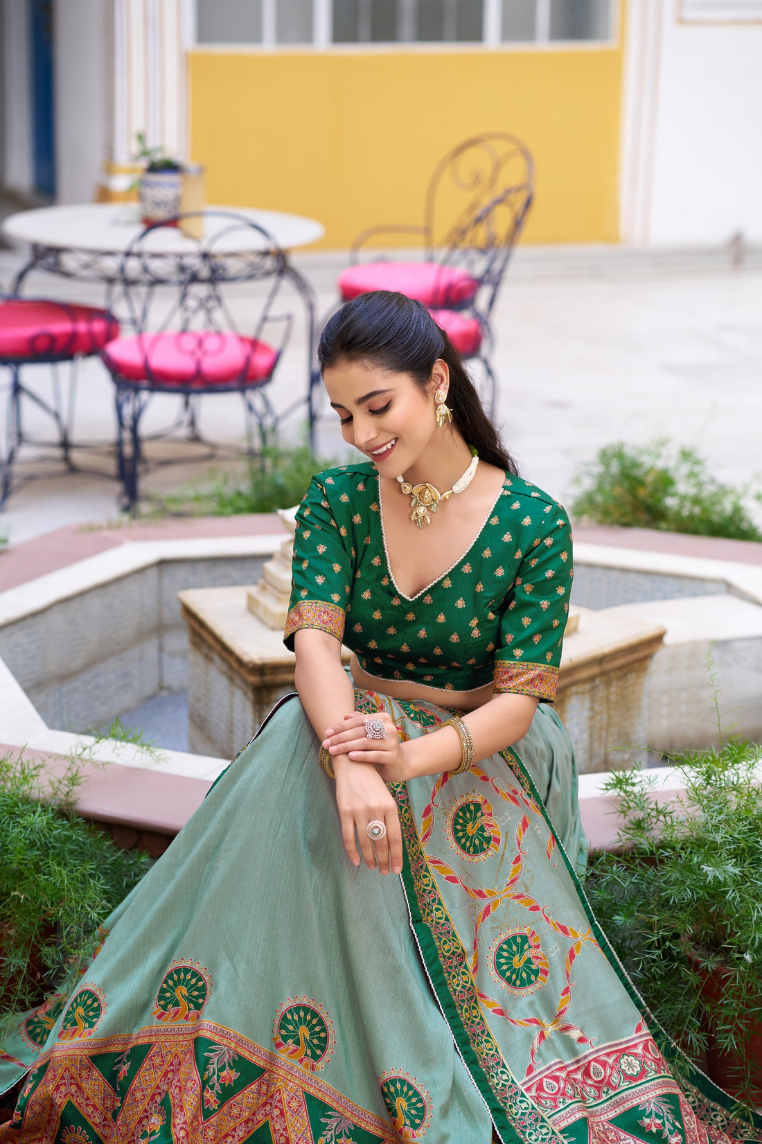 Green Tasar Silk Lehenga Choli with Printed Dupatta | Wedding & Festive Wear