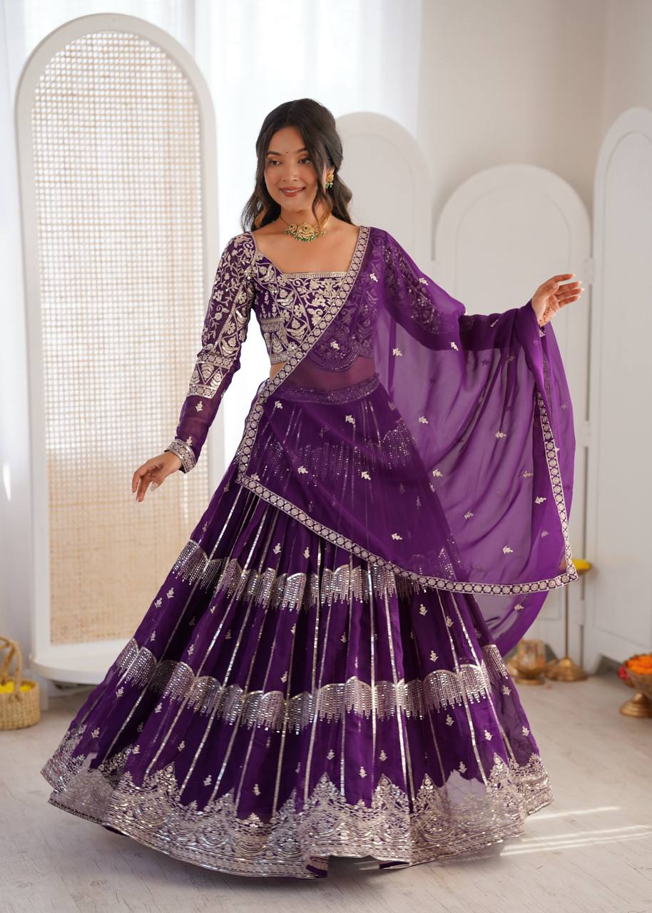 Royal Purple Embroidered Faux Georgette Lehenga Choli with Dupatta