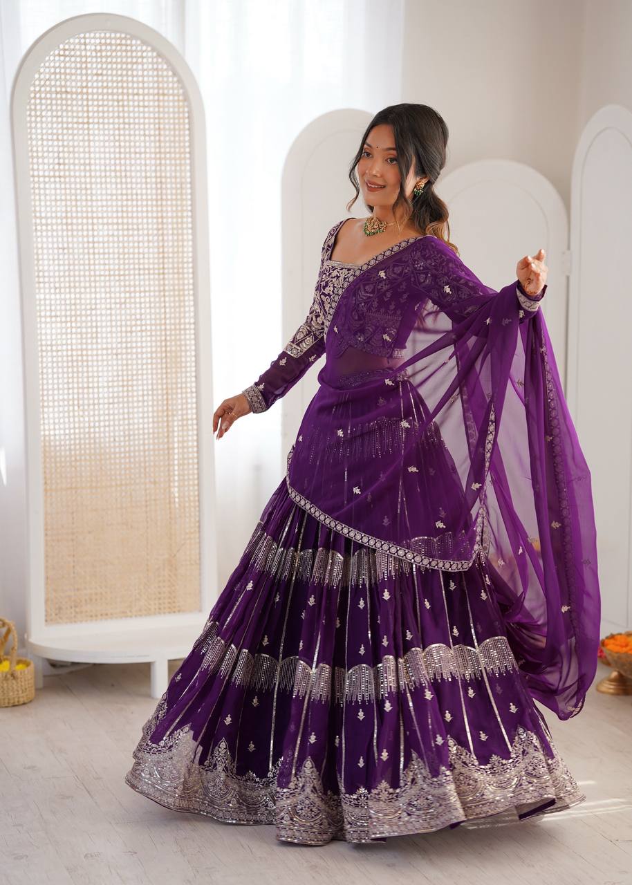 Royal Purple Embroidered Faux Georgette Lehenga Choli with Dupatta