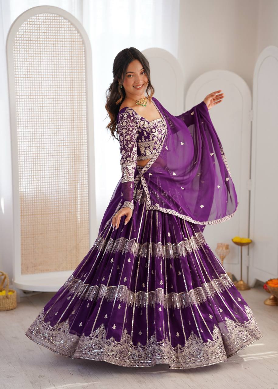 Royal Purple Embroidered Faux Georgette Lehenga Choli with Dupatta