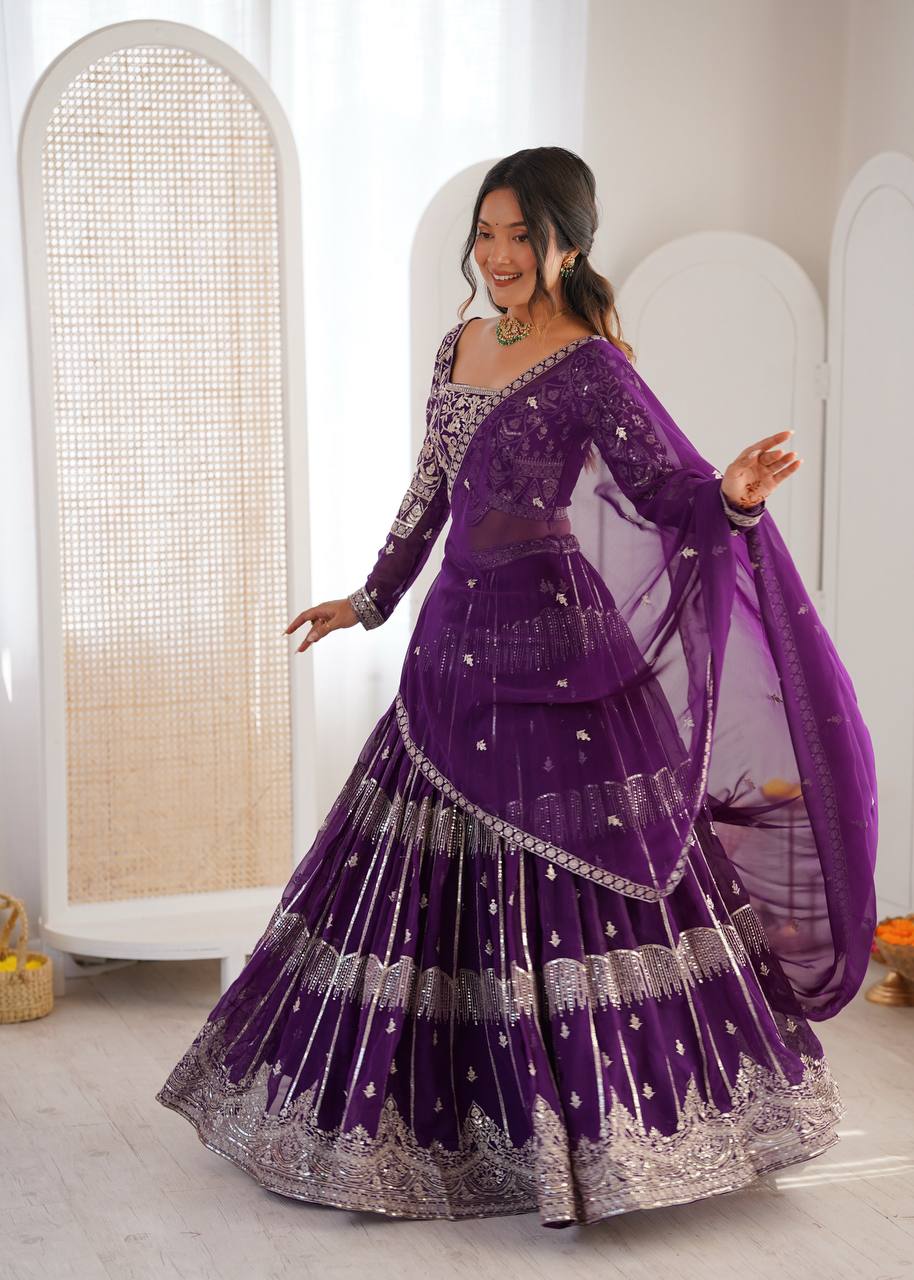 Royal Purple Embroidered Faux Georgette Lehenga Choli with Dupatta