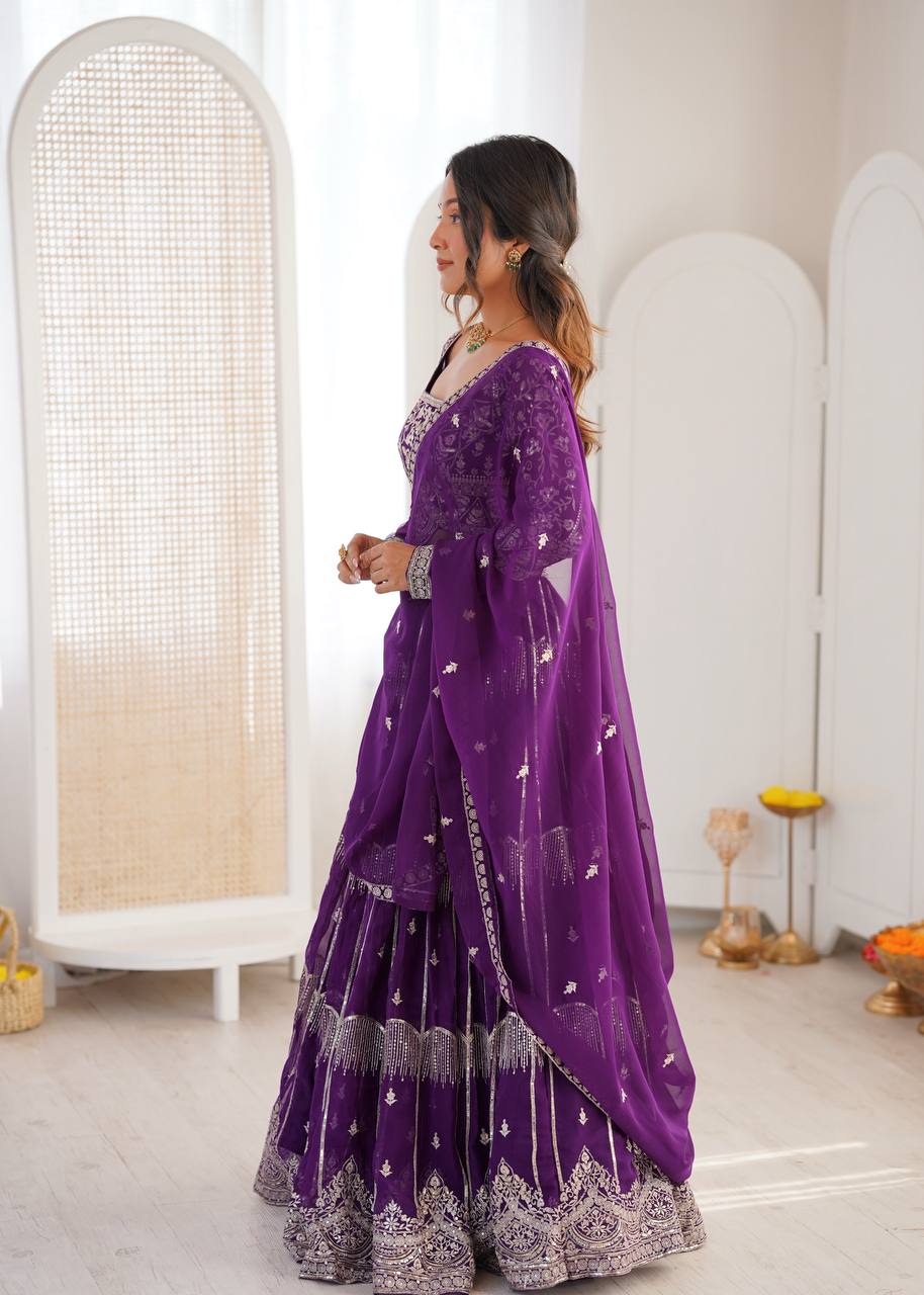 Royal Purple Embroidered Faux Georgette Lehenga Choli with Dupatta