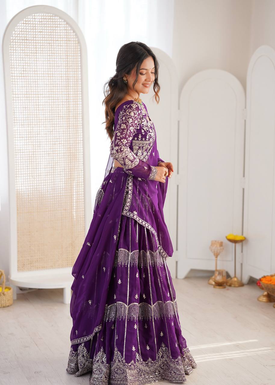 Royal Purple Embroidered Faux Georgette Lehenga Choli with Dupatta