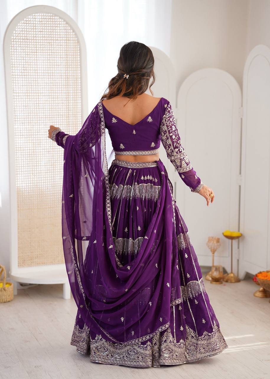 Royal Purple Embroidered Faux Georgette Lehenga Choli with Dupatta