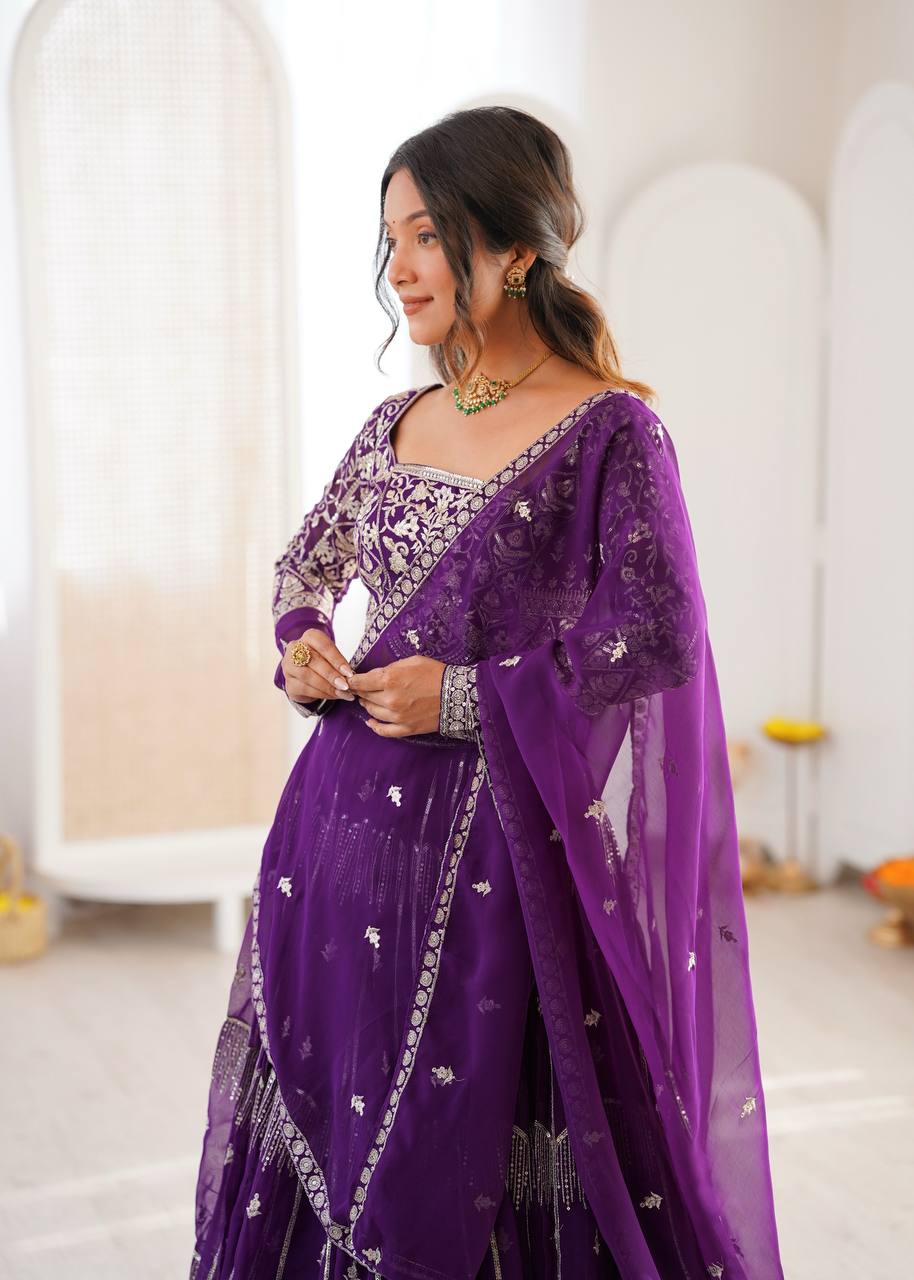 Royal Purple Embroidered Faux Georgette Lehenga Choli with Dupatta
