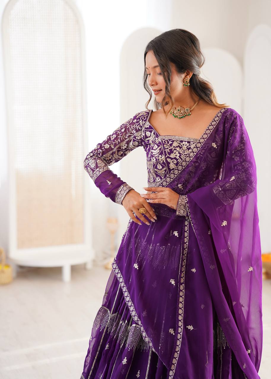 Royal Purple Embroidered Faux Georgette Lehenga Choli with Dupatta