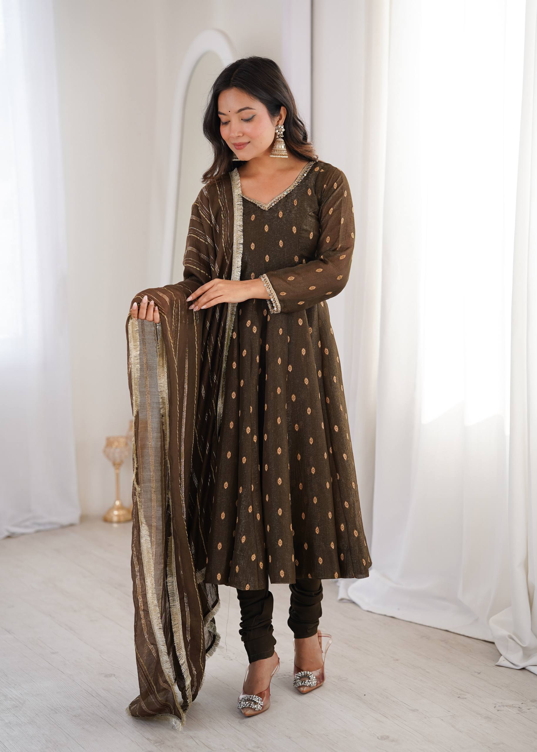 Brown Crunchy Silk Anarkali Suit Set with Jacquard Dupatta | Festive Wear