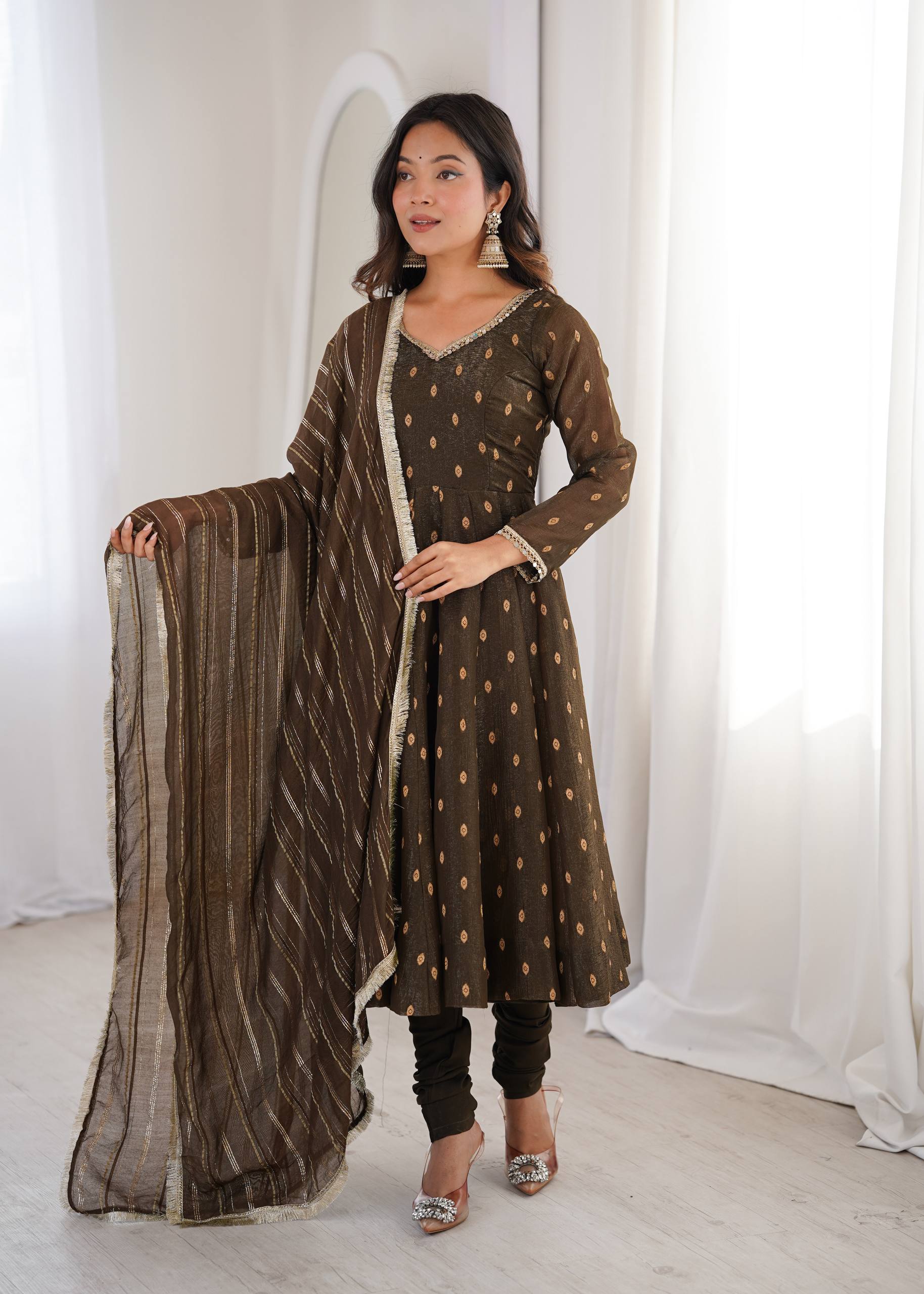 Brown Crunchy Silk Anarkali Suit Set with Jacquard Dupatta | Festive Wear