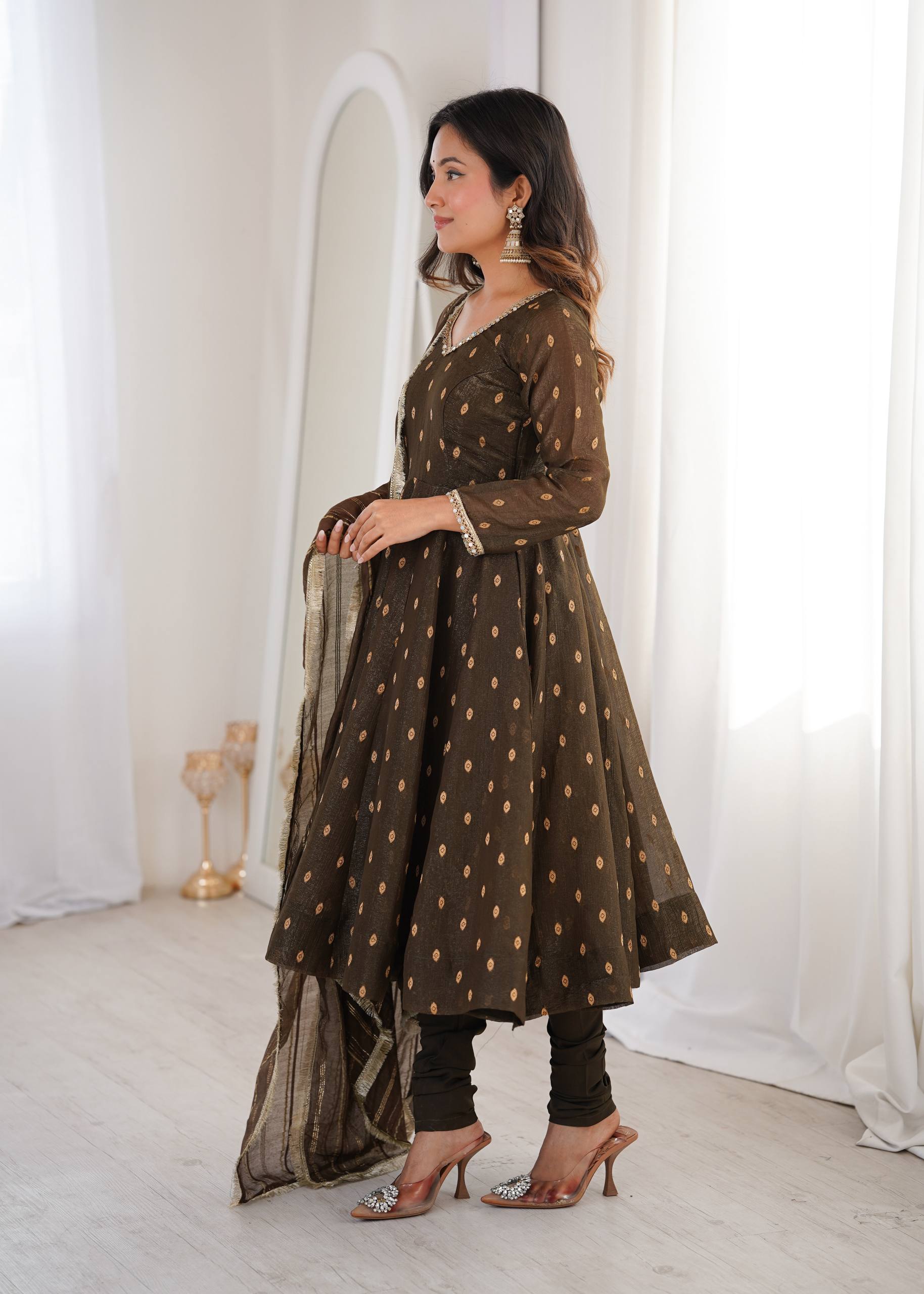 Brown Crunchy Silk Anarkali Suit Set with Jacquard Dupatta | Festive Wear