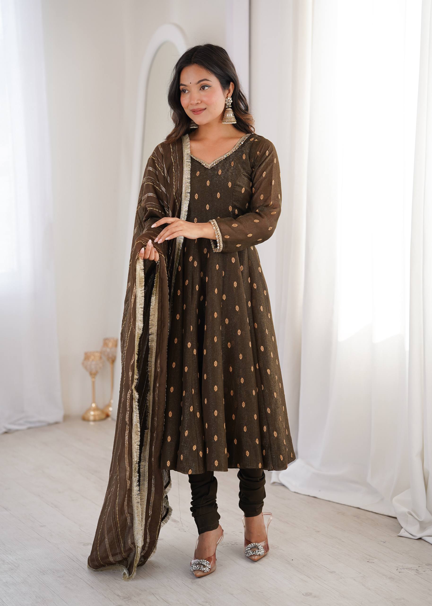 Brown Crunchy Silk Anarkali Suit Set with Jacquard Dupatta | Festive Wear