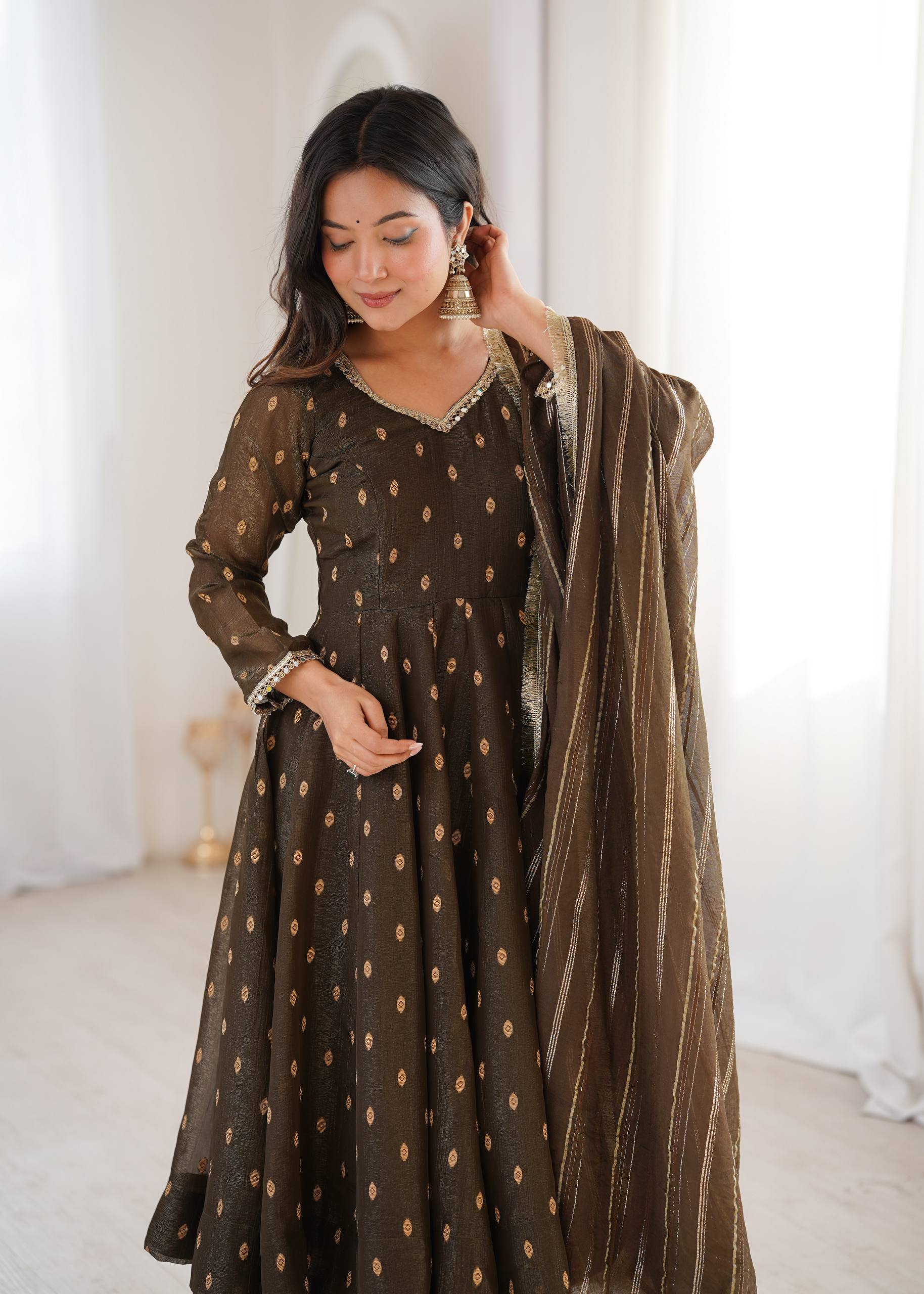 Brown Crunchy Silk Anarkali Suit Set with Jacquard Dupatta | Festive Wear