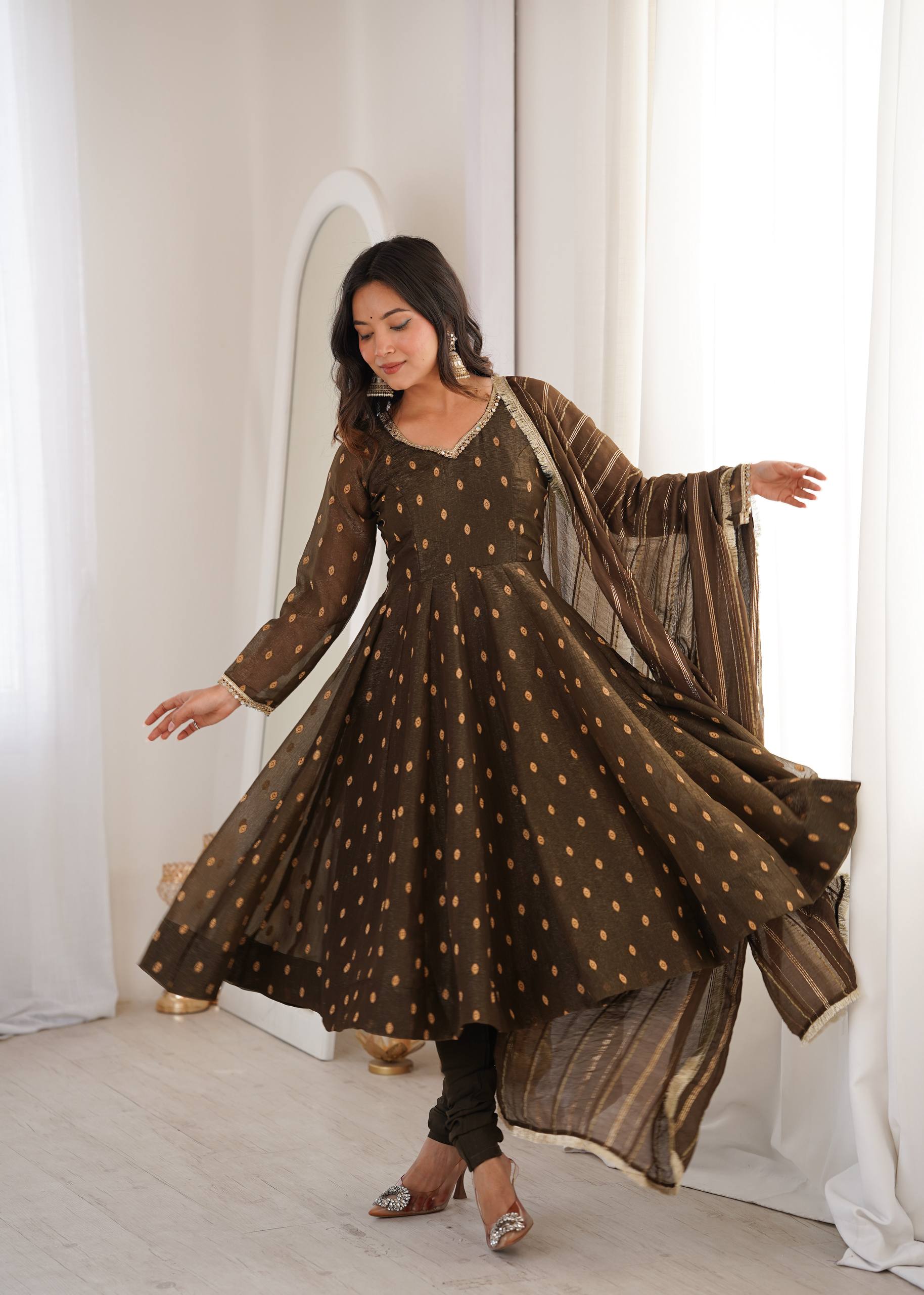 Brown Crunchy Silk Anarkali Suit Set with Jacquard Dupatta | Festive Wear